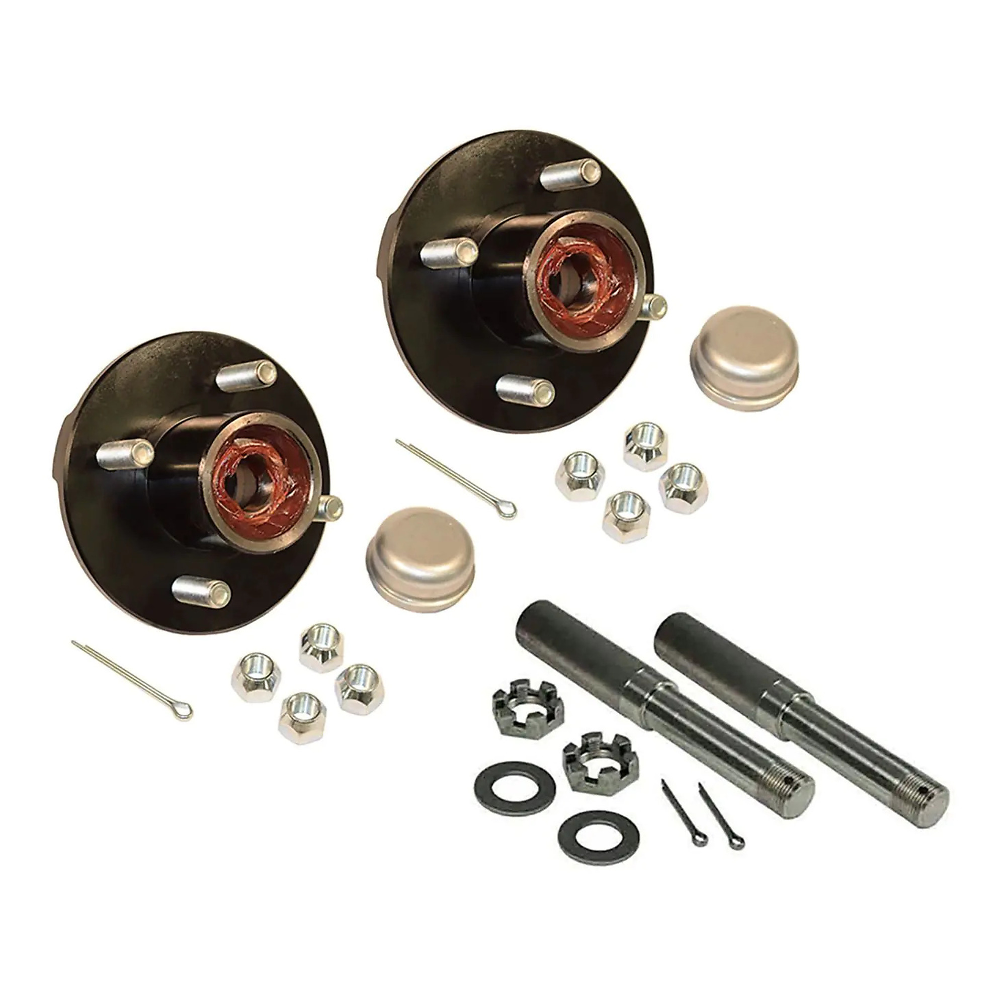 Rigid Hitch, Pair of 4-Lug Pre-Greased Hub/Spindle End Units, Fits 1.5in Round Tube, Spindles for 1 Inch ID Bearings, 1250lb Capacity Per Hub, Model# AKRD-200044-PG